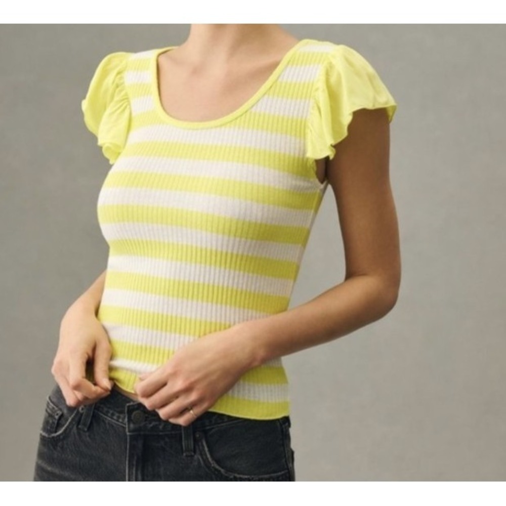 Anthropologie T.La Top Women's Med Yellow Flutter Sleeve Knit Ribbed‎ Fitted Tee